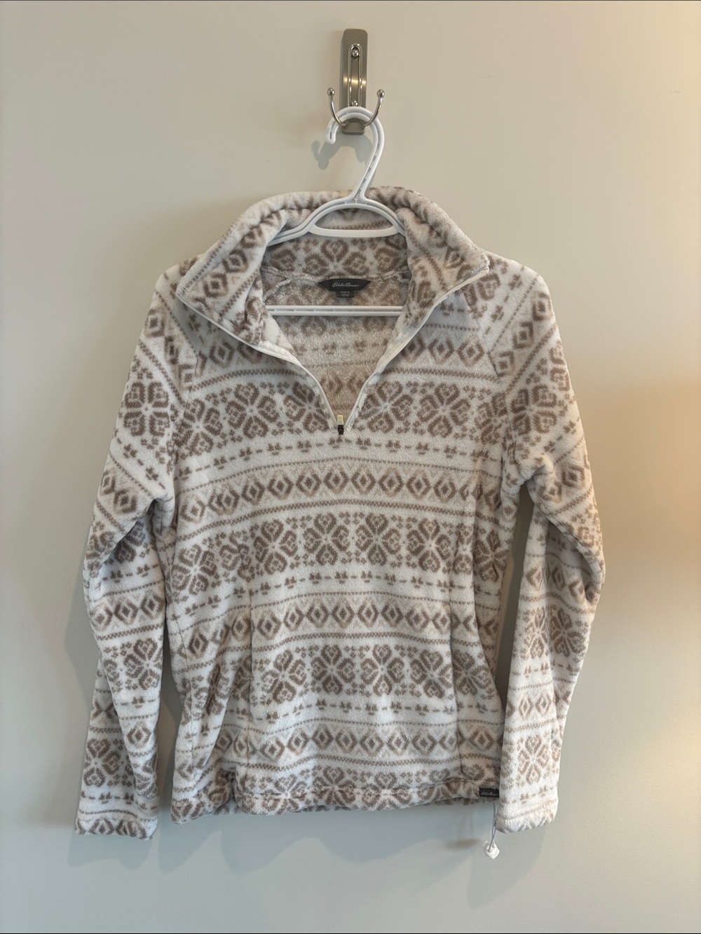 Eddie Bauer Cream & Taupe Patterned Fleece Quarter-Zip Pullover